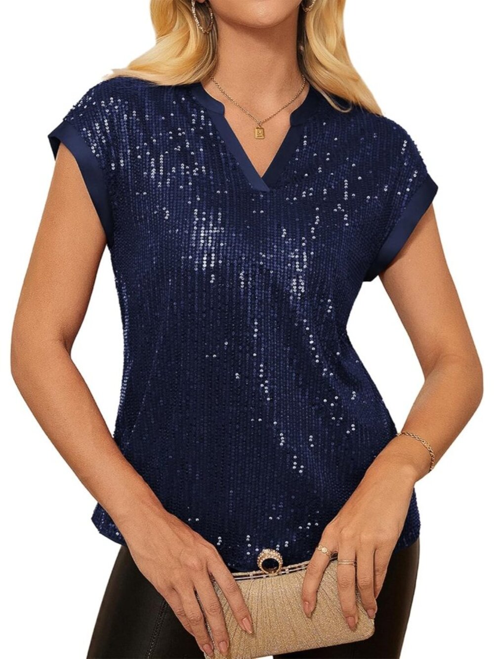 Women's Navy Blue Sparkly Cap Sleeve Dressy Blouses Glitter Party V Neck Tops